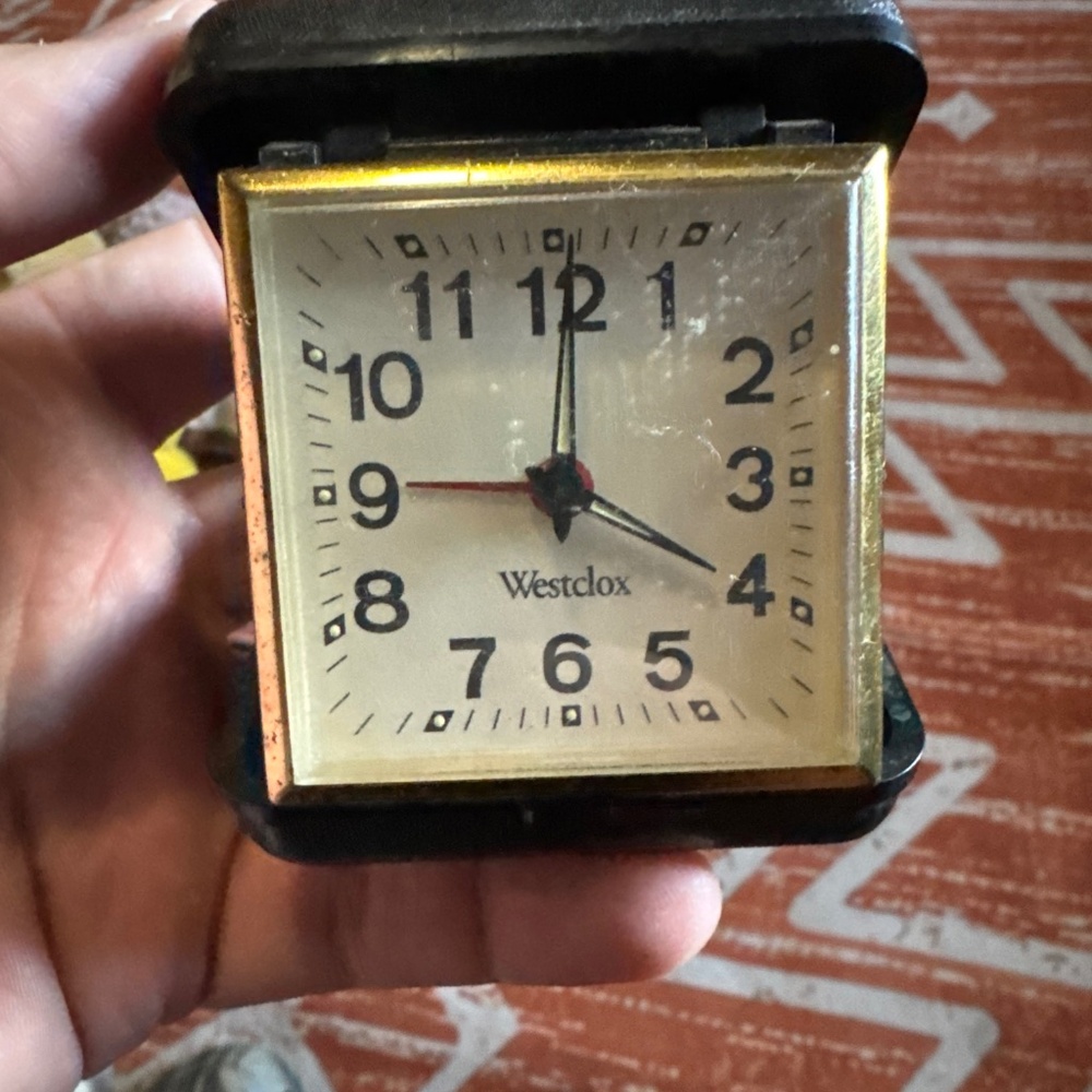 Westclox Mechanical Wind-Up Travel Alarm Clock Black Gold Square Analog